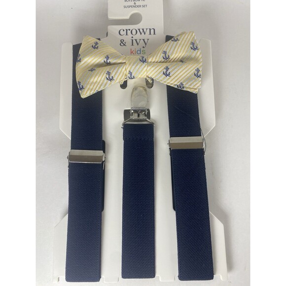 Boy's Navy Blue Yellow Anchor Suspenders Bow Tie Bowtie Combo 2 Sets - Picture 3 of 5